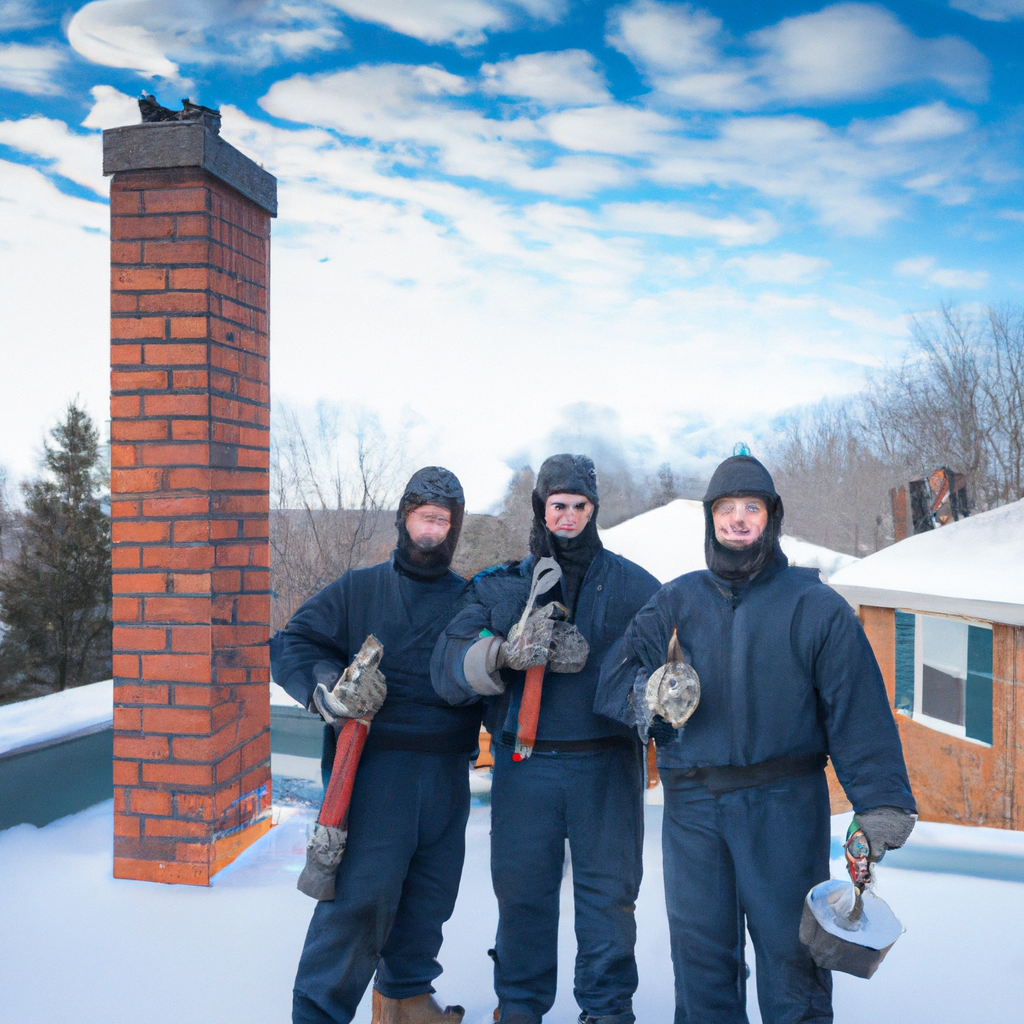 Certified chimney cleaning team in Canada preparing equipment on a winter rooftop, high-resolution detail.